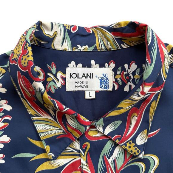 Vintage Iolani Hawaiian Shirt Bird of Paradise Panel Navy Large Made in Hawaii - Picture 3 of 4